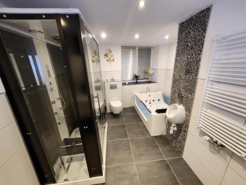 a bathroom with a tub and a toilet and a sink at Bachhaus Marktredwitz Haupthaus in Marktredwitz