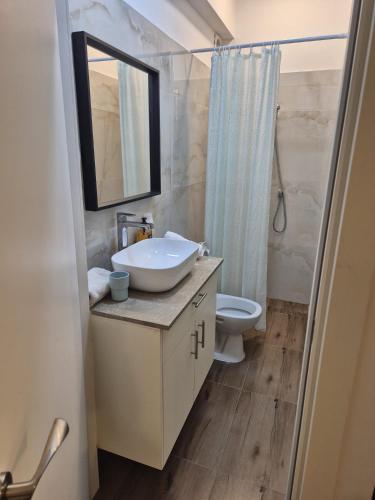 ein Badezimmer mit Waschbecken, Toilette und Spiegel in der Unterkunft hotel vital in Rechovot