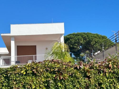 a white house with a hedge in front of it at Terre di mare near the sandy beach with pool, parking & wifi in Fontane Bianche