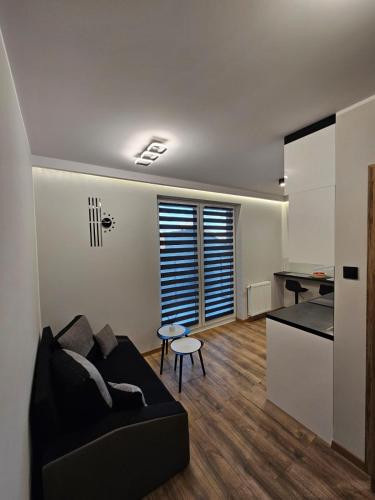 a living room with a black couch and a kitchen at Vistula Center in Płock