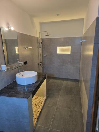 a bathroom with a sink and a shower at Liyon Rest sigiriya in Sigiriya