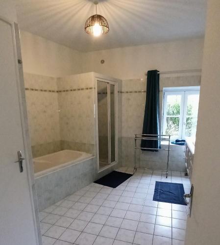 a large bathroom with a tub and a shower at La Roche Cantin in Cherveux