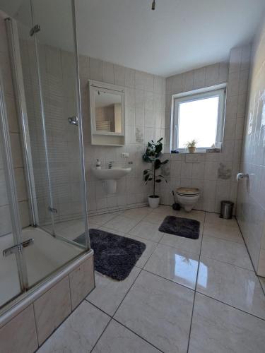 a bathroom with a shower and a toilet and a sink at Hehlentor-City Gäste Wohnung in Celle