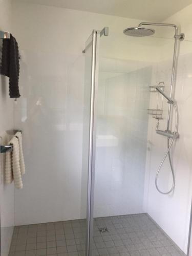a shower with a glass door in a bathroom at Chalet Montafon Schruns in Schruns
