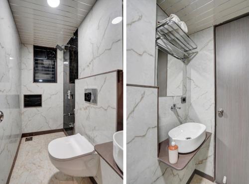 two pictures of a bathroom with a toilet and a sink at Hotel Samarth Elite Baner - Indian Guests Only in Pune