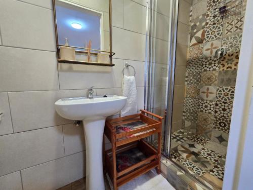 a bathroom with a sink and a shower at Modern rustic private flat in Bloemfontein