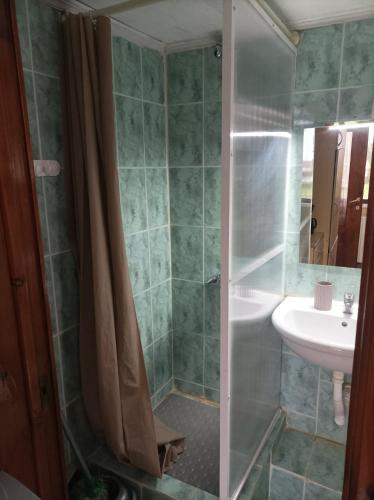 a bathroom with a shower and a sink at The cave of Cyclops in Makri