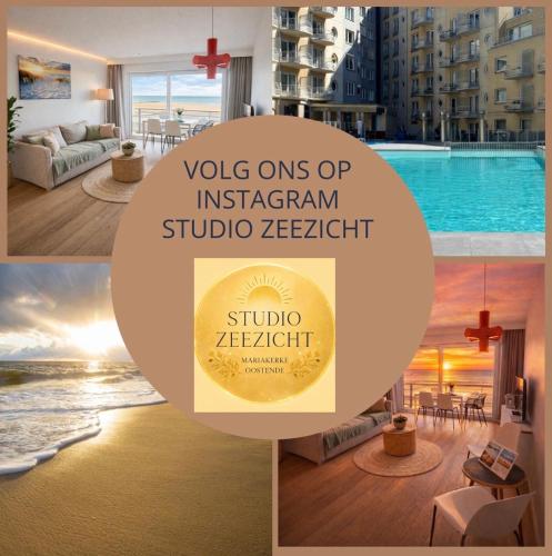 a collage of photos of a hotel with a pool at Studio zwembad met frontaal zeezicht in Ostend