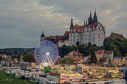 an amusement park with a ferris wheel and a castle at zu den blauen Schwertern in Meißen