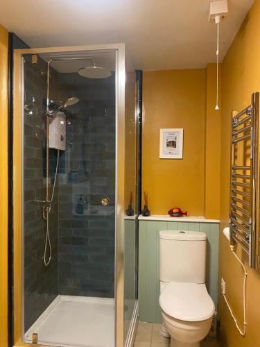 a bathroom with a toilet and a glass shower at 1 Penygroes in Penmachno