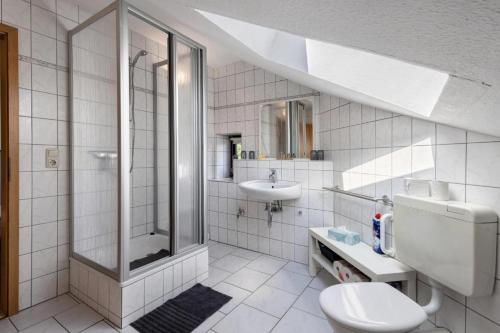 a bathroom with a toilet and a sink and a shower at Ferienwohnung Thomée - Ruhig gelegen, ideal für Monteure und Erholungssuchende in Looft