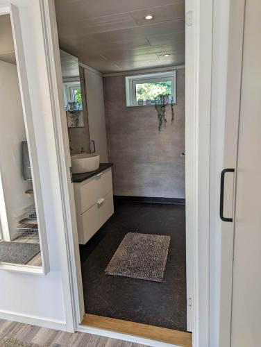 a bathroom with a sink and a mirror at Tiny house accommodation in Frillesås! in Frillesås