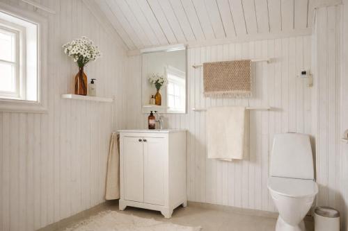 a white bathroom with a toilet and a sink at Smålandstorpets lanthotell in Hok