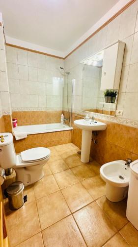 a bathroom with a toilet and a sink at Apartamentos Ajabo Adeje in Adeje