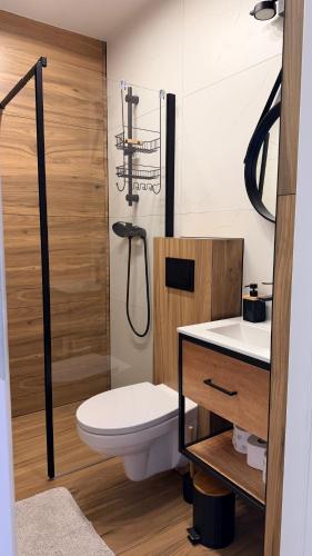 a bathroom with a toilet and a shower and a sink at u Skiby in Krajno Pierwsze