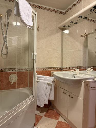 a bathroom with a sink and a shower at Campiglio Trilocale Dolomiti in Madonna di Campiglio