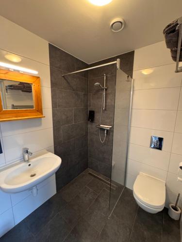 a bathroom with a shower and a sink and a toilet at Stad & Strandhotel Elisabeth in Vlissingen