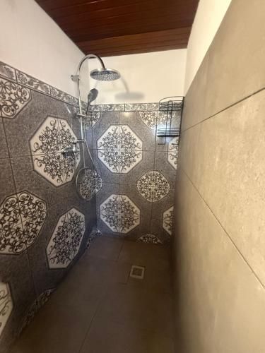 a bathroom with a shower with a tiled wall at Lina Ferienhaus in Longkamp