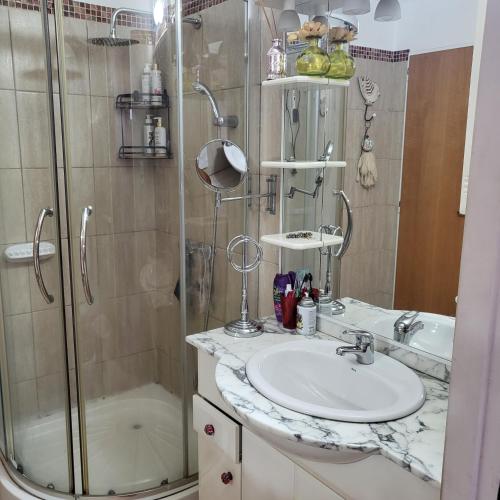 a bathroom with a sink and a shower at Miranda House in Estancia San Ramon
