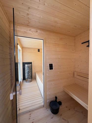 an inside view of a wooden sauna at Piękne Pole in Łaziska