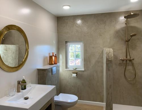 a bathroom with a sink toilet and a shower at Domaine de Grave in Mirepoix