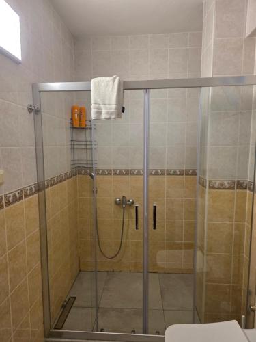 a shower with a glass door in a bathroom at Huge Evleri 2 in Marmaris