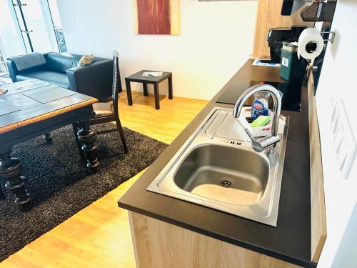 a kitchen counter with a sink in a kitchen at 40 qm große Studiowohnung zentral gelegen - direkt in Groß-Umstadt - 300 m bis zum Marktplatz in Groß-Umstadt