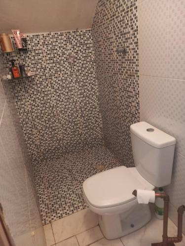 a bathroom with a toilet and a tiled shower at Casa Conforto e Aconchego com garagem e internet próximo ao centro in Pesqueira