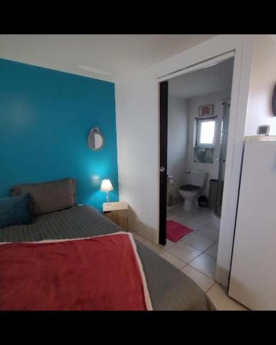 a bedroom with a bed and a blue wall at À la campagne, studio 25M2-pour 2p, CALME, wifi, jardin, parking in Yèvres