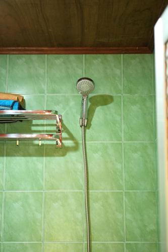 a shower head on a green tiled wall at Swindo Homestay 77, Room 1 in Berastagi