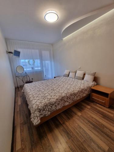 a bedroom with a bed and a window at Airida Forest Apartment in Druskininkai
