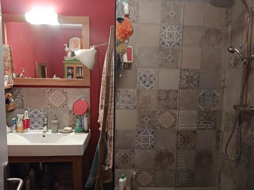 a bathroom with a sink and a shower at CHEZ FLO ET NANO in La Grande Motte