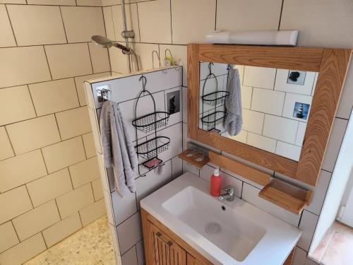 a bathroom with a sink and a mirror at La maison bleue in Velet