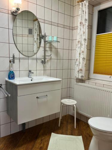 a bathroom with a sink and a mirror at Ferienwohnung Anna in Benneckenstein