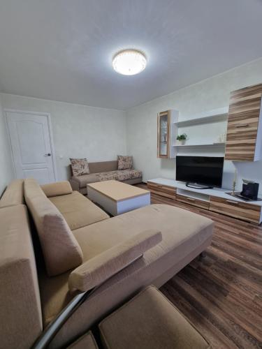a living room with a couch and a tv at Airida Forest Apartment in Druskininkai