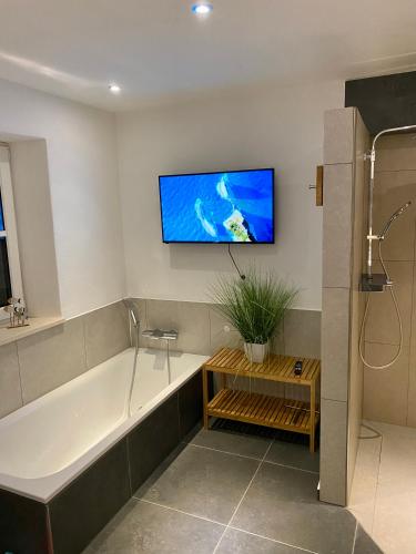 a bathroom with a tub and a tv on the wall at Allgäu-Chalet Kaufbeuren in Kaufbeuren