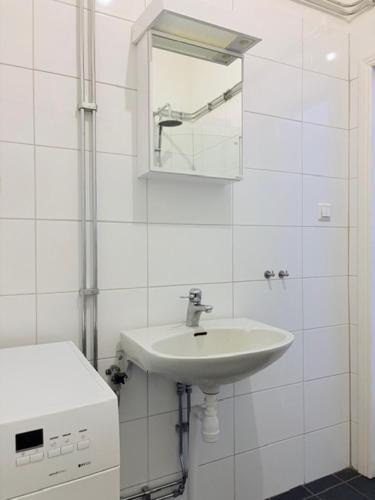 a white bathroom with a sink and a mirror at Helsingebockens Fastigheter in Bollnäs