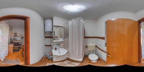 ein Badezimmer mit Dusche, Toilette und Waschbecken in der Unterkunft Jasna1 in Knin