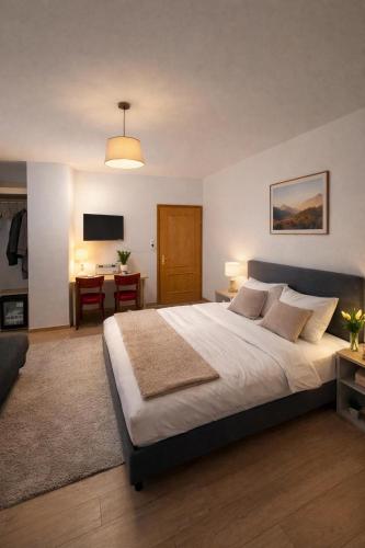 a bedroom with a large bed and a living room at Motel Haid in Linz