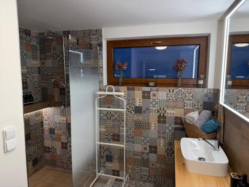 a bathroom with a shower and a sink at Dům mezi loukami in Sněžné