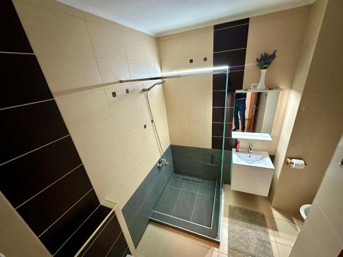 a bathroom with a shower with a glass door at Germar Apartman in Pécs