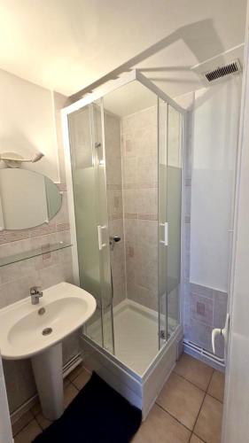 a bathroom with a shower and a sink at Le Saint Jacques - Downtown in Melun