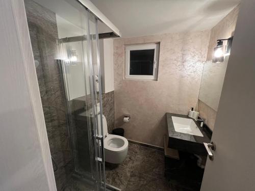 a bathroom with a shower and a toilet and a sink at Green Wood in Azuga