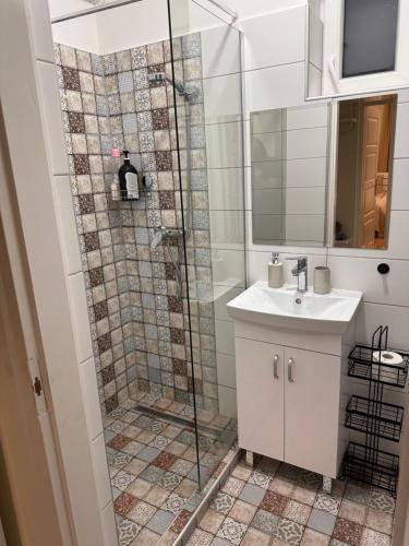 a bathroom with a shower and a sink at Emma Apartman 2 in Vecsés