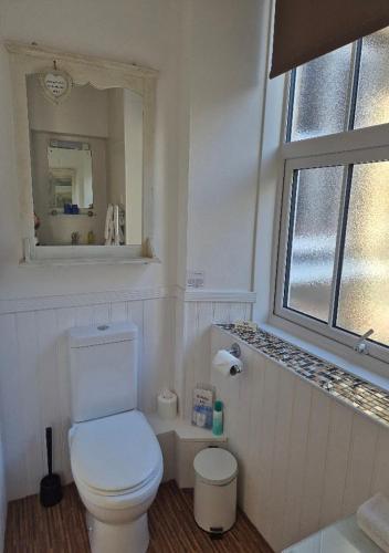 a bathroom with a white toilet and a mirror at Denehurst Guest House - Adults Only in Windermere