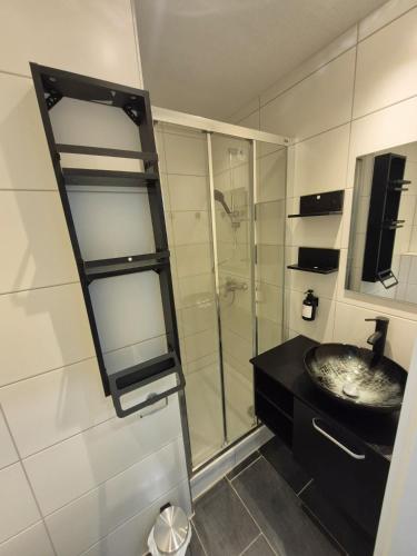 a bathroom with a sink and a glass shower at Onyx Urban Suite in Hannover