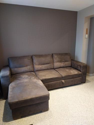a brown leather couch in a living room at Gîte d'ammerschwihr in Ammerschwihr