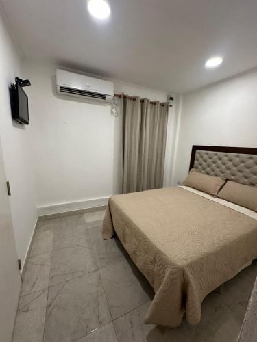 a bedroom with a large bed and a window at Deptos Helen in Termas de Río Hondo