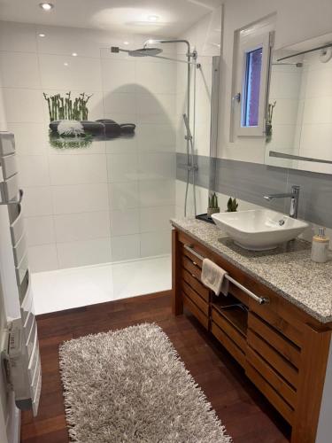 a bathroom with a sink and a shower at Maison cosy 64 m2 à 10 min de Strasbourg, idéale familles in Lampertheim