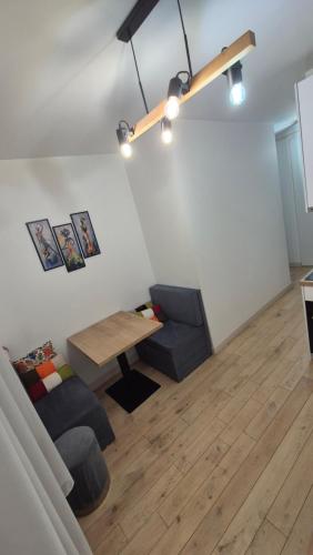 a living room with a couch and a table at Apartment Ultra-Central, Parcare, AC, Jaluzele, WiFi in Baia Mare
